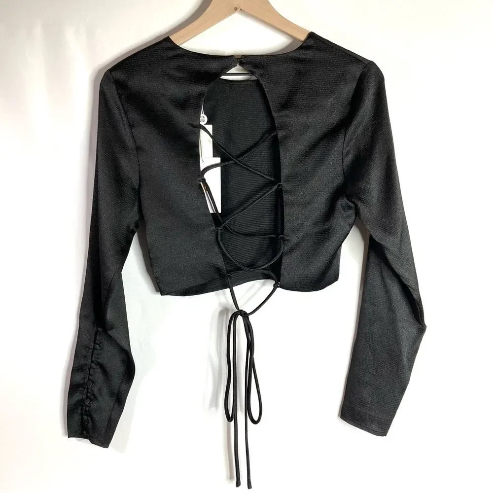 Wayf Natural Instincts Open Lace Up Back Top Black Small NWT